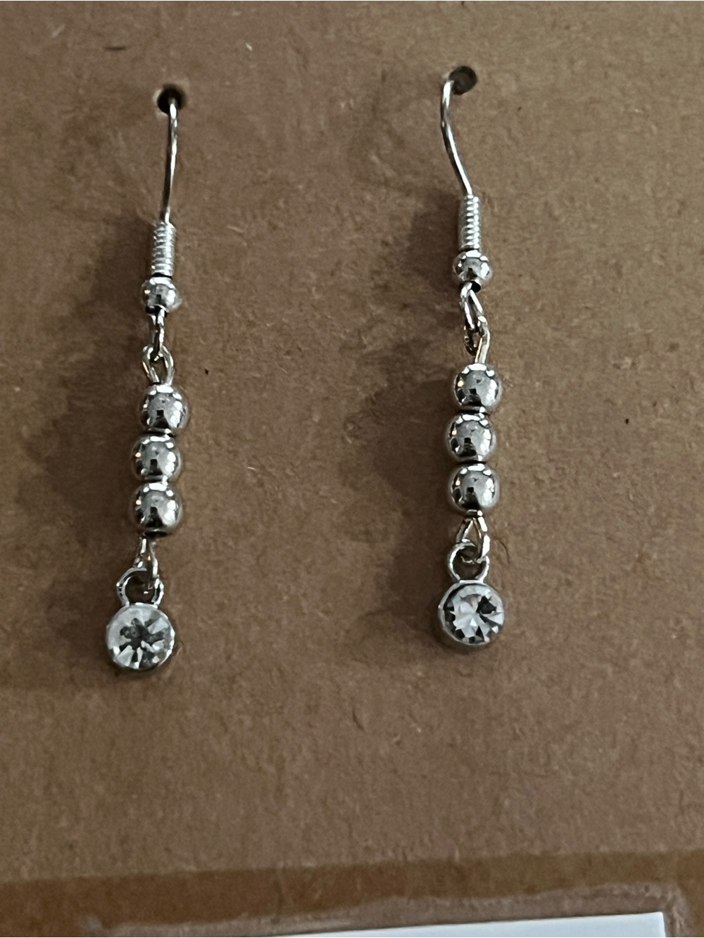 Handmade Silver Bead Drop Earrings with Clear Accent